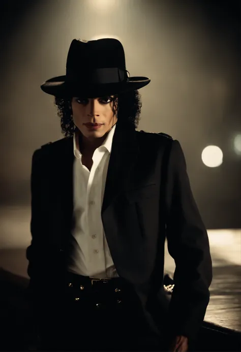 Michael Jackson com um fedora preto e um sobretudo preto, noir, dark cthulhu