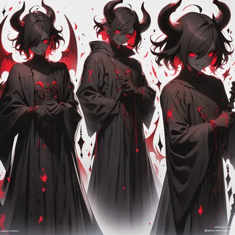 devil, black eye sclera, 2 horns, short hair covering face, scary face, scary stocky body, evil smile, man, bright red pupils, pale white skin, wearing a black robe