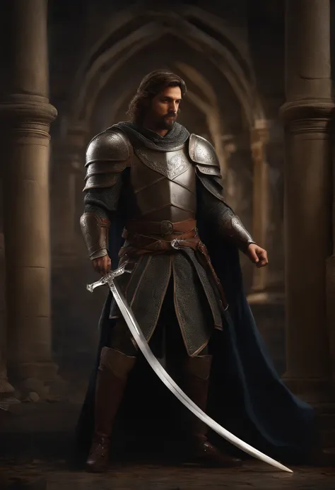 (8k unidade de papel de parede CG extremamente detalhado, obra-prima, best quality, ultra-detalhada), (((somente))), ((Tiro grande angular:1.5)), (A paladin with a legendary sword), (thematic background), medieval, Superb dinner, Escuro, ambiente estranho,...