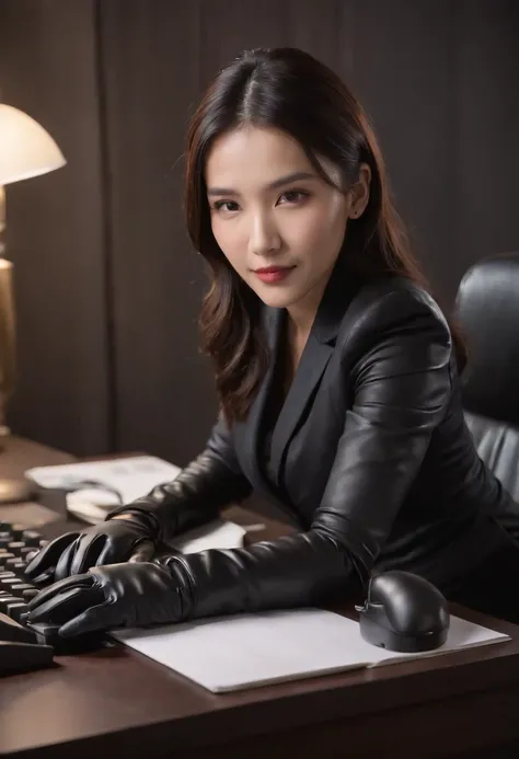 Wearing black leather gloves in both hands, upper body, black business suit, facing the desk in my room with a computer in the dark, tapping the keys of the computer keyboard with the fingertips of black leather gloves while looking at the screen, black ha...