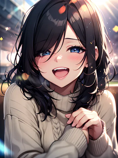 girl with, Black hair, cosy sweater on, Upper body, (great laughter:1.1), (Open mouth:1.1), (Wide open eyes:1.2), Sun glare, Bokeh, depth of fields, Blurry background, light Particle, strong breeze, (Heart particles:1.1), 4K