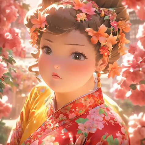 vivd colour， 16k， hyper HD， High-density imaging review 10， （tmasterpiece：1. 5）， absurderes， （best qualtiy：1. 5），A little girl，Hold your arms，Frowning，Staring at you angrily，Pouting angrily，Floral half-sleeved cheongsam，Cute fat girl，A ball head