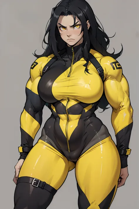 ((grey background)), solo, ((((1 girl)))), very long hair, black hair, angry, yellow eyes, (((((muscular))))), (huge tits), (thick thighs), (wide hips), pale skin, standing, slick hair, (bodysuit)