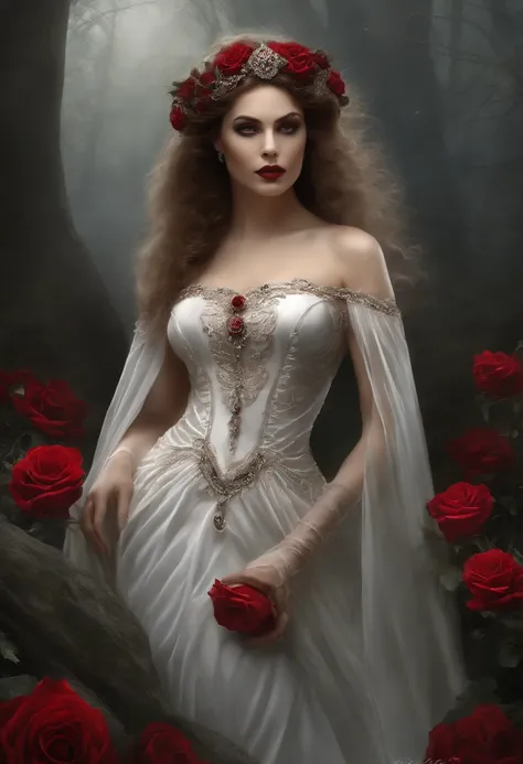 Crie uma obra de arte digital de uma vampira usando um vestido branco decorado com rosas detalhadas de alta qualidade. The work must exhibit the best possible quality, with an emphasis on extreme detail and a complex composition. Incorpore uma paleta de co...