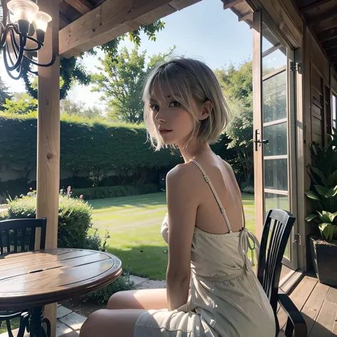 masutepiece, Best Quality,Ultra-detailed,hyperdetails, Cinematic Light,, 1girl in, Solo, sit, plein air, Summer House, Sitting in the summer house,  Plants, The table, chandeliers, candle, Wind, Green eyes, pan-green silver hair, Short hair,  Floating hair...