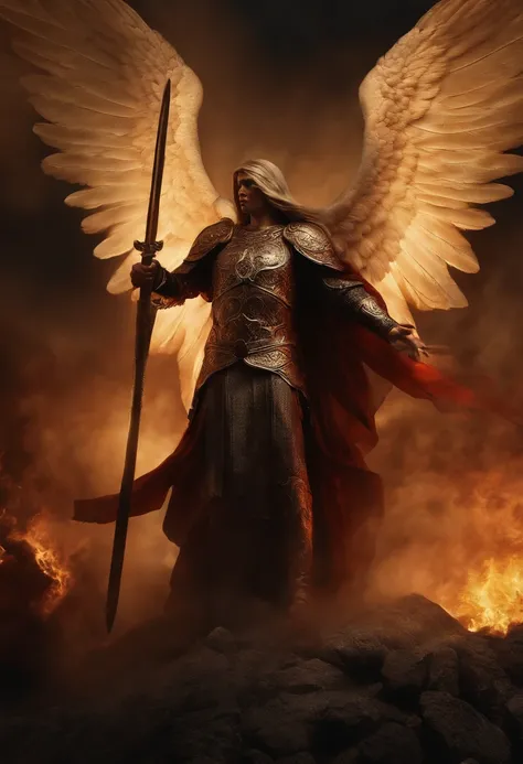 an image of an angel with a sword standing in hell, Anjo no inferno, arcanjo, anjos vs soldados, angel watching demon, angels and demons, anjo protegendo o homem, Arcanjo Miguel, O Anjo da Morte, Battle between angels and demons, anjo super largo, epic ang...