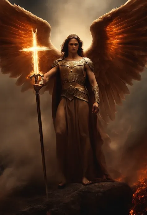 an image of an angel with a sword standing in hell, Anjo no inferno, arcanjo, anjos vs soldados, angel watching demon, angels and demons, anjo protegendo o homem, Arcanjo Miguel, O Anjo da Morte, Battle between angels and demons, anjo super largo, epic ang...