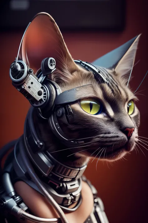 there is a cat with a head made of wires and wires, cyborg cat, a cyborg cat, cyberpunk cat, cyborg kitten, robot cat, robotic cat, steampunk cat, cat robot, industrial robotic cats, armored cat, inside a mechanical cats head, 4k highly detailed digital ar...