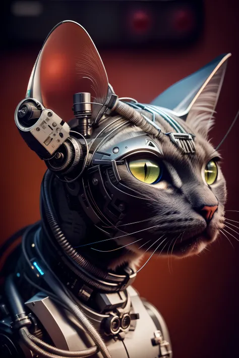 there is a cat with a head made of wires and wires, cyborg cat, a cyborg cat, cyberpunk cat, cyborg kitten, robot cat, robotic cat, steampunk cat, cat robot, industrial robotic cats, armored cat, inside a mechanical cats head, 4k highly detailed digital ar...