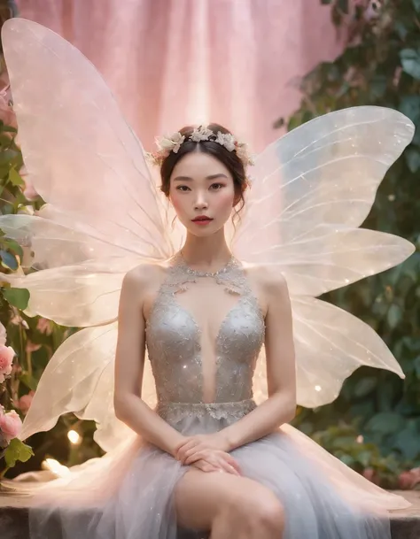 color photo of a mysterious flower fairy with transparent colorful wings, ((( asian girl ))), sitting in a divine light, with neon lights, holding a magic wand，axial symmetry, and a magnificent background,silver dress, high heels, flower crown, starry sky ...