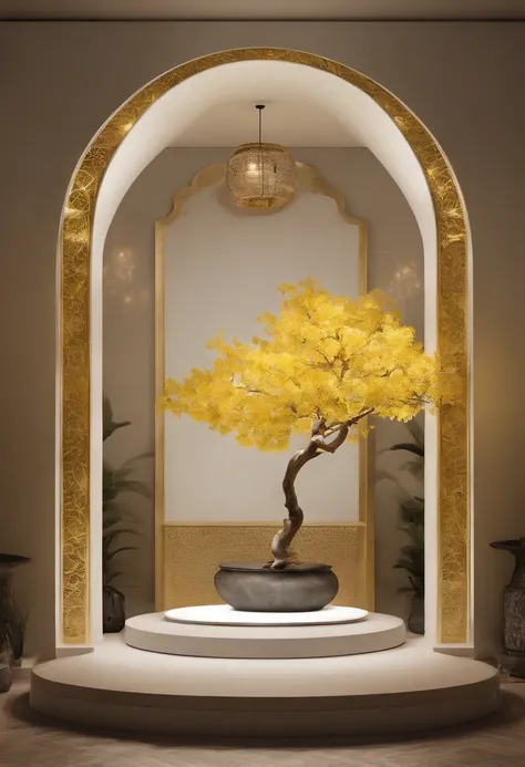 White round stand，product showcase，Featuring yellow ginkgo，rockery，Maximalism，Chinese background wall，studiolight，Soft lighting，3Drenderingof，The color theme can be modified