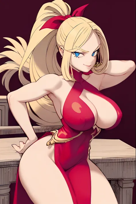 hyper realistic, attractive woman, exposed breasts, giant breasts, gigantic waist, blonde long hair, ponytail, palace setting, sexy, perfect face, bar setting, thick, seductive face, smirk, tight red long dress, hand on hips, very sharp jawline, bending ov...