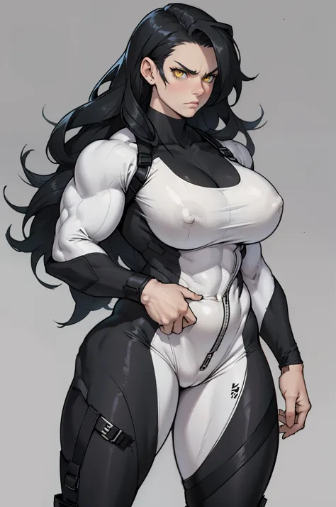 ((grey background)), solo, ((((1 girl)))), very long hair, black hair, angry, yellow eyes, (((((muscular))))), (huge tits), (thick thighs), (wide hips), pale skin, standing, slick hair, (bodysuit)