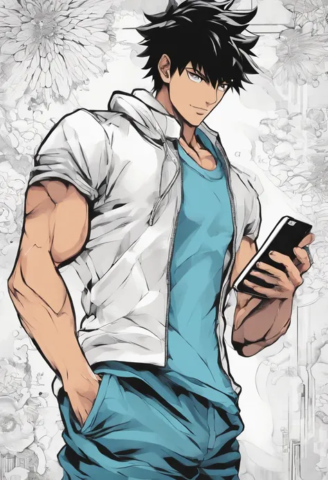 Homem musculoso, cabelo preto,olhos azuis, regata branca,Holding phone in bleach manga style