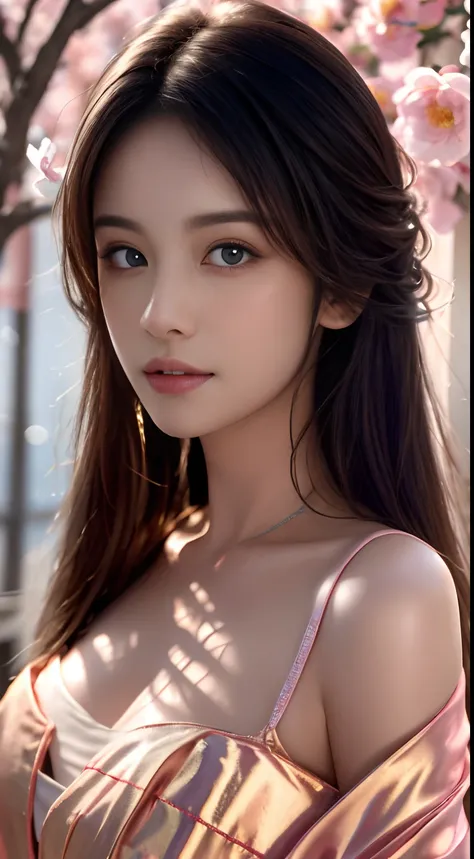 best qualtiy，tmasterpiece，hight resolution，1girll，dingdall effect，realisticlying，edge lit，two tone lighting，（highdetailskin：1.2），8K UHD，pure，Dolce，flowers background，Colorful background，Based on physical rendering，Perfect Light and Shadow，extreme hight det...