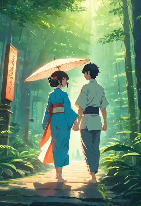 (best quality,4k,highres:1.2),Japanese couple,beautiful detailed girl,geisha,Japanese rainforest,romantic atmosphere,2 people,dreamlike scenery,kimono,traditional Japanese culture,intricate details,soft color palette,fine brush strokes,vivid colors,serene ...