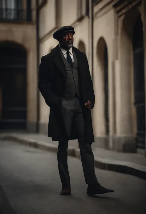 French black man, 56 anos, investigador, vestindo uma jaqueta longa preta, um cap estilo boina, 4k, full body and in action pose.