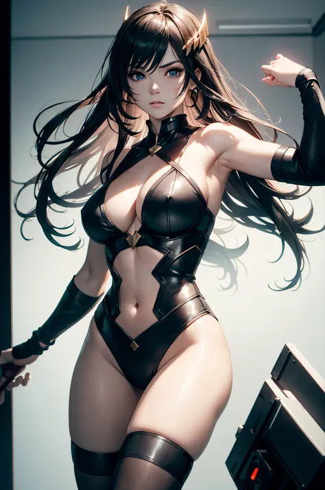 A superheroine wearing skimpy outfit, sleeveless, long hair, flying, wielding daggers, no cape, no mask, dynamic pose, 3d, (8k), detailed texture,(hyperdetailed), (photo realistic), cinematic light, cinematic action, highly detailed, realistic, Isometric, ...