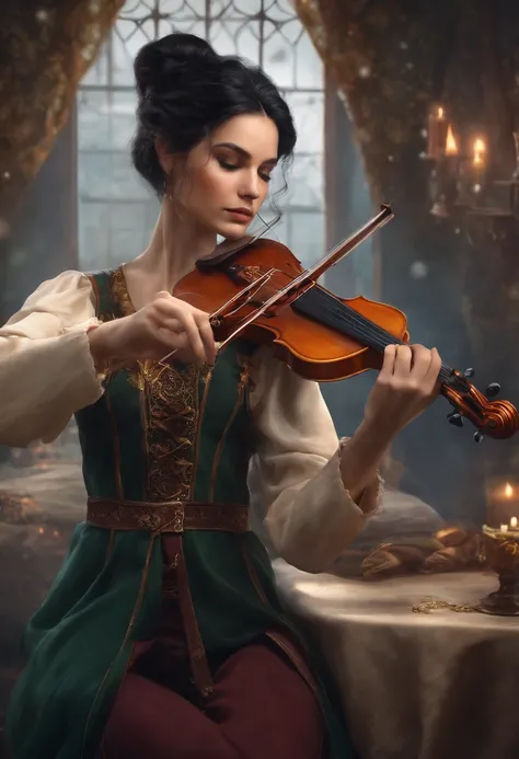 an elf bard violinist of 18 years, black hair, fair skin, woman