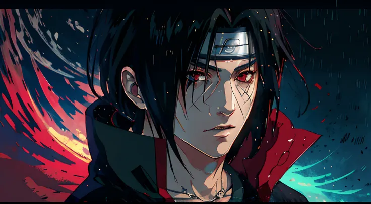 uchiha itachi obra-prima, 8k, melhor qualidade, detalhado na chuva olhos vermelho brilhando escuro azulado