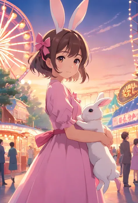 Little girl in a long dress holding a little rabbit hairpin in one hand，Holding one dressed in pink at a large amusement park，A little bunny wearing a scalloped bow hairpin