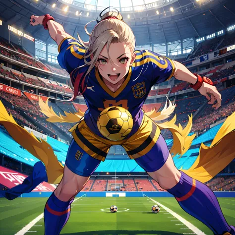 master part, best quality, football stadium, campo de futebol, 1 girl, cabelos grisalhos, camisa de futebol, M shorts.bison street fighter, futebol, bravo, sorriso malicioso, (Executando:0.3), segurando uma bola, profundidade de campo, (Olhos brancos), (No...