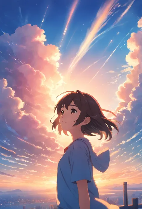 masterpiece, best quality, movie still, 1girl, cloud girl, floating in the sky, close-up, bright, happy, warm soft lighting, sunset, (sparks:0.7)