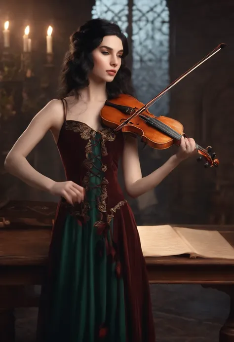 an elf bard violinist of 18 years, black hair, fair skin, woman