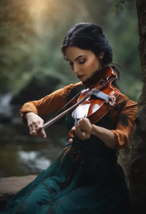 an elf bard violinist of 18 years, black hair, fair skin, woman