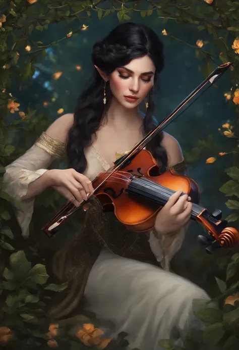 an elf bard violinist of 18 years, black hair, fair skin, woman