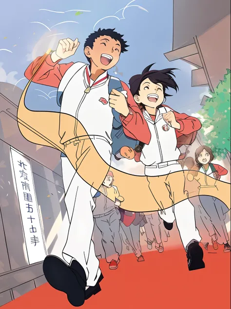 Anime characters running on red tracks in front of crowds of students, The background is the school building，There are several small birds flying in the blue sky，Green trees，Students running in the sun，Warm colors，Bright colors