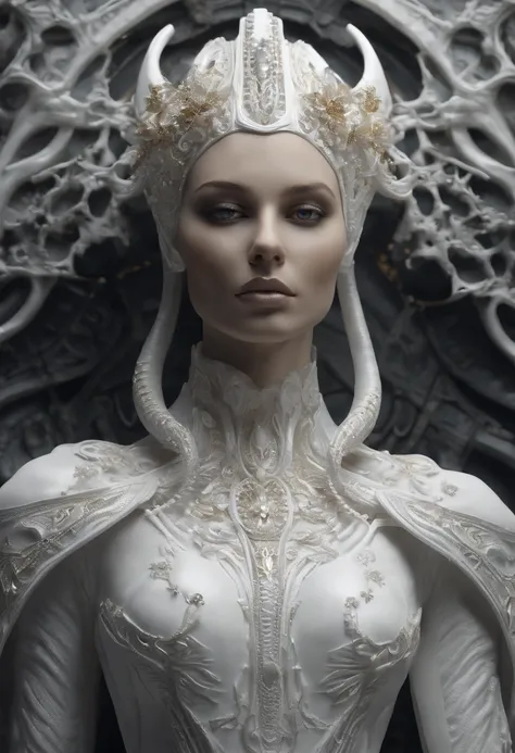 Crie uma obra de arte em 3D de uma mulher celestial usando um vestido branco adornado com (((detalhes intrincados))). A obra deve incorporar a (((best possible quality))), with an emphasis on (((detalhes extremos))) e uma (((Complex composition))). Utilize...