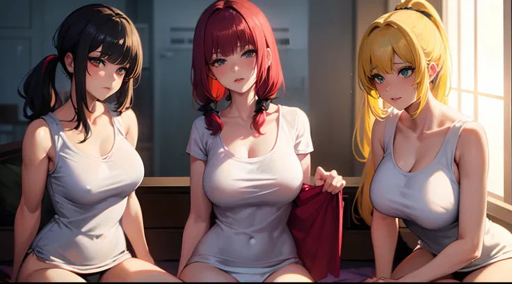 masterpiece, lots of detail, 4k, 8k, ((ultra-detailed)), highres, depth field, soft lighting, milf, 3girls, on bed, cuddling, loose clothes, upskirt, {green eyes|red eyes|blue eyes|gold eyes}, bangs, {very long hair|short hair|curly hair}, {red hair|black ...