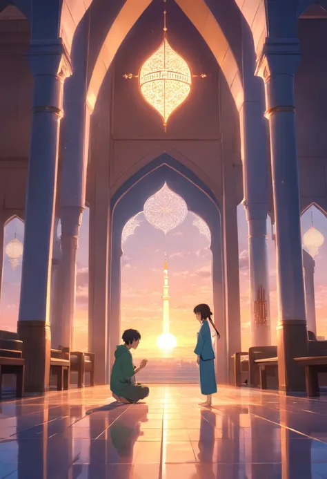 Islam, Imagine a breathtaking image of a tranquil mosque bathed in the soft glow of the setting sun. The mosques minarets reach toward the sky, and in the foreground, a person is shown in a moment of deep concentration, engaged in prayer. The warm, golden ...