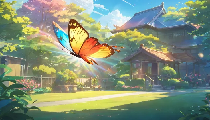 A rainbow butterfly flying in the garden before a house, very detailed, 4K realistic