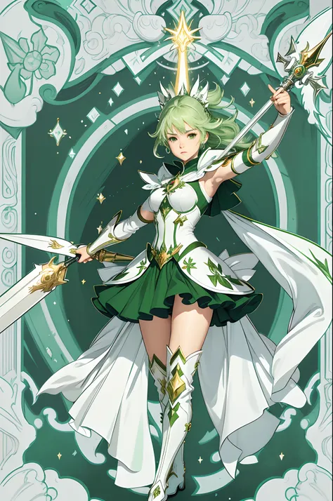 Powerful magical girl, cabelos verdes, white spear in hands, roupas verde e vermelhas brilhantes, botas brancas e verdes