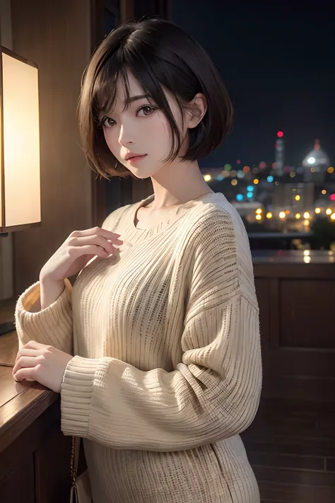 (masuter piece:1.3)、(8k、Photorealsitic、RAW Photography、top-quality: 1.4)、(1girl)、beautiful countenance、(lifelike face)、(A dark-haired、short-hair:1.3)、Beautiful hairstyle、realisticeyes、Beautiful details、（real looking skin）、Beautiful skins、（Sweaters）、absurde...