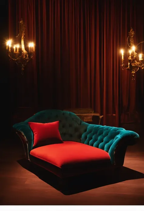 Sofa illuminated by spotlights in a dark stage