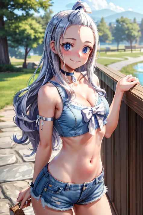 masterpiece, best quality, highres, Amira, long hair, bangs pinned back, topknot, forehead, choker, bare shoulder, cleavage, mini shorts , small bra,bow, sleeveless, cowboy shot, standing, outdoors, bar, smile, shy, blushing smile,showing ass