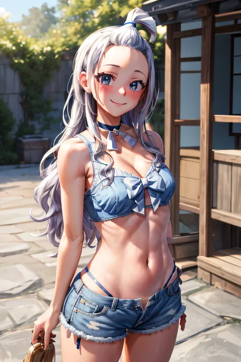 masterpiece, best quality, highres, Amira, long hair, bangs pinned back, topknot, forehead, choker, bare shoulder, cleavage, mini shorts , small bra,bow, sleeveless, cowboy shot, standing, outdoors, bar, smile, shy, blushing smile,showing ass