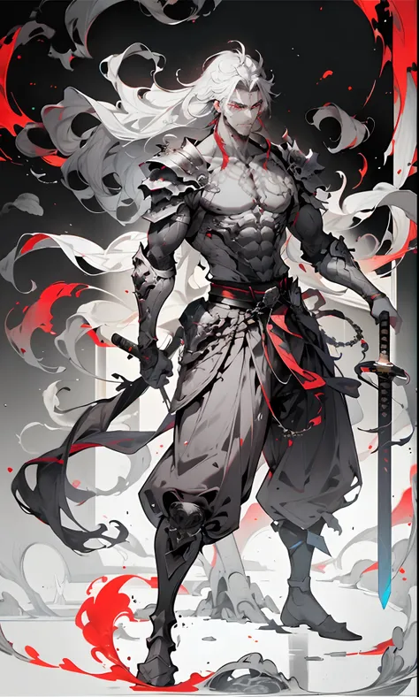 1boy, weapon, male focus, , long hair, , , holding sword, , , standing, armor, grey hair, sheath, pectorals, , belt, scabbard, shoulder armor, full body, smoke, facial hair, jewelry, pants, red eyes, , muscular, ,,
FH