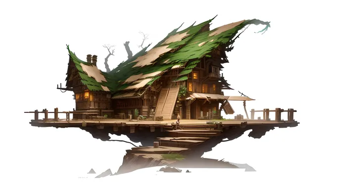 There is a small wooden structure，There is a tree house at the top,Station A trend，tribe，lamp lights， 2D concept art, senior concept artist, painterly concept art, painted as a game concept art, magical fantasy 2 d concept art, fantasy concept art, concept...