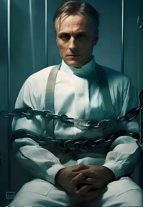 Man in white shirt and suspenders sitting in cell, Hannibal Lecter, Hannibal Leitor, the the man is wrapped in chains, Hannibal, Houdini, personagem do cartaz do filme, No show Westworld, Mads Mikkelsen, Houdini algorhitmic pattern, ainda do filme viu, pap...