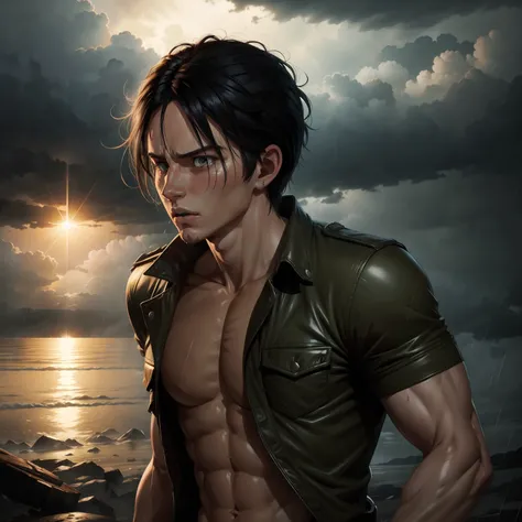 Eren yeager cinematic wallpaper, raining, lightning, sun light in the background, hyper realistic, 8k