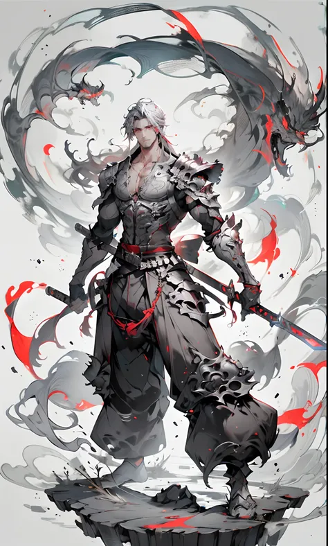 1boy, weapon, male focus, , long hair, , , holding sword, , , standing, armor, grey hair, sheath, pectorals, , belt, scabbard, shoulder armor, full body, smoke, facial hair, jewelry, pants, red eyes, , muscular, ,,
FH