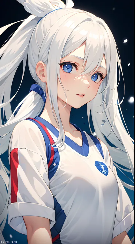 1girl in、White hair、Blue eyes、wall-paper、Super long hair、Curly hair、white backgrounid、symmetry、facing front、Upper body close-up、Close UAMENTED、(((((sports wear)))))