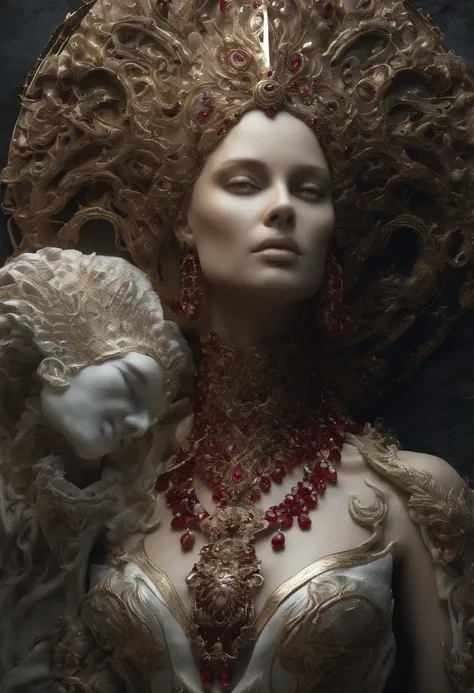 Create a 3D artwork of a celestial woman in a white dress adorned with (((intricately detailed rubies and sapphires))). The artwork should embody the (((highest quality))), emphasizing (((extreme detail))) and a (((complex composition))). Incorporate a col...