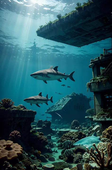 underwater, abandoned city, sunlight, beams, underwater volcano, shark, fish, titanic