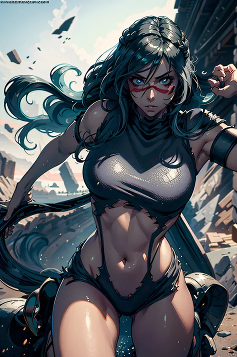 A superheroine wearing skimpy outfit, sleeveless, long hair, flying, wielding daggers, no cape, no mask, dynamic pose, 3d, (8k), detailed texture,(hyperdetailed), (photo realistic), cinematic light, cinematic action, highly detailed, realistic, Isometric, ...
