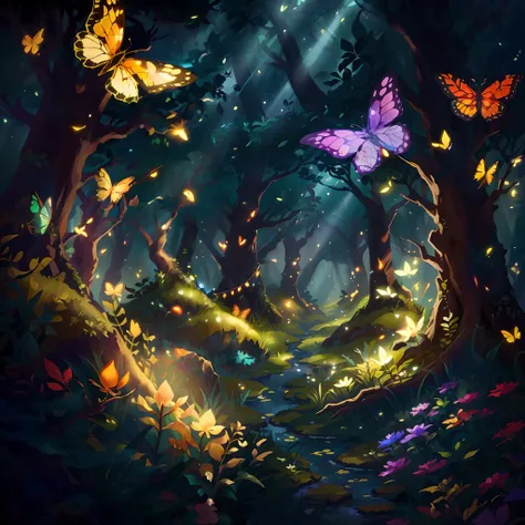 borboletas voando ao redor de uma floresta com um caminho no meio, enchanted magical fantasy forest, magical forest with fireflies, magic fairy forest, magic fantasy forest, enchanted and magic forest, magical forest backround, paisagem da floresta da fant...